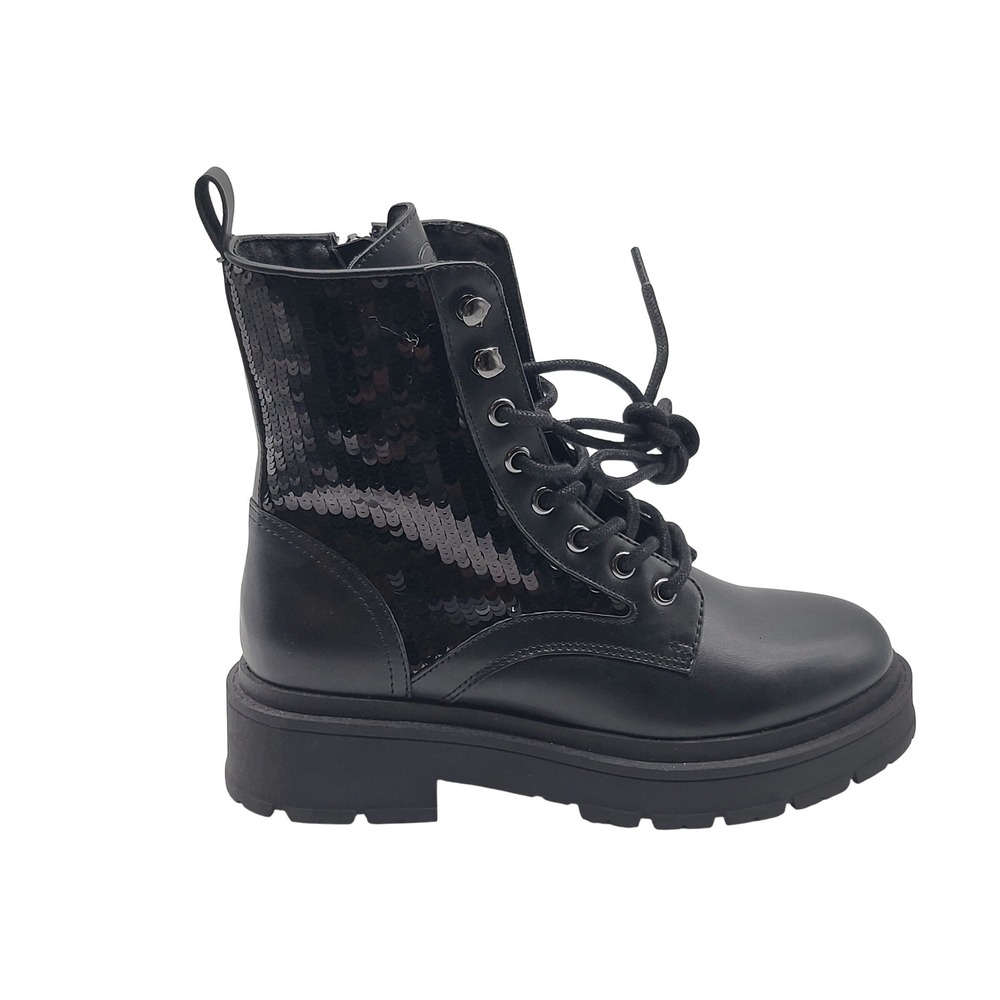 Nine West Hediy Black Sequin Combat Boots Womens 8M‎ Lug Sole Platform Zip NWOB